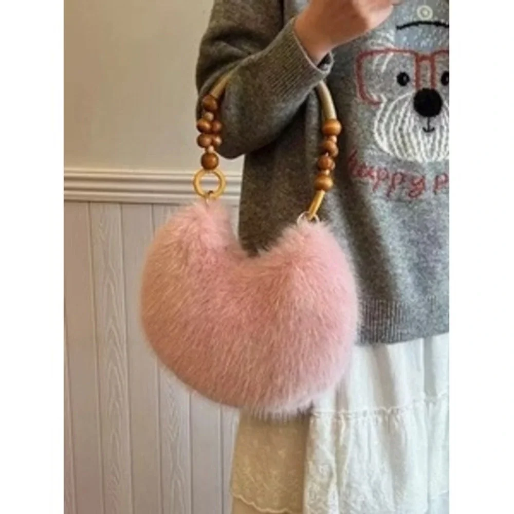 Pink Faux Fur Hobo Handbag with Beaded‎ Wood Handle Crescent Plush Bag Boho Chic